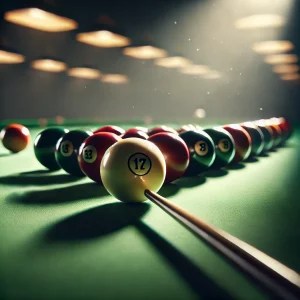 A snooker table lined up for a shot