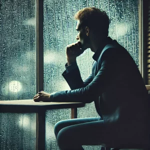 A-solitary-figure-sitting-at-a-desk-looking-out-of-a-rainy-window