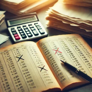 An accountant's desk with a stack of papers, a calculator, and an open ledger