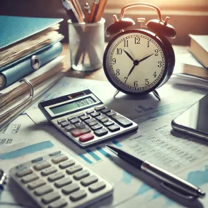 An accountant’s desk with paperwork, a calculator, and a clock.