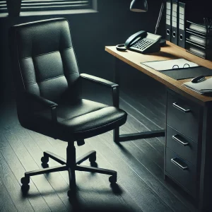 An empty office chair with a desk full of paperwork