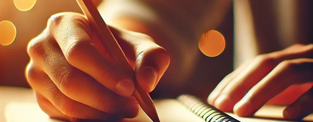 Close up hand with pencil starting to write in a notebook.