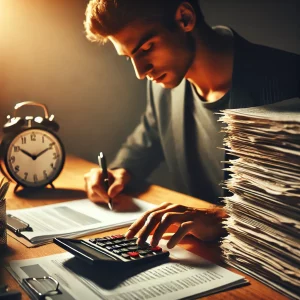 The Drive to Finish, accountant working next to a clock.