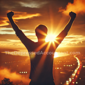 Celebratory person striking a 'Rocky' pose against a sunset city background.