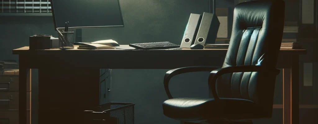 A dark office with an empty chair and a dimly lit desk