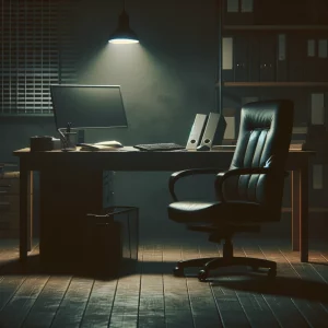 A dark office with an empty chair and a dimly lit desk