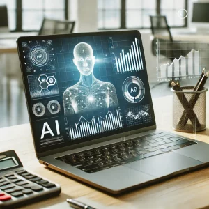 A modern accountant’s desk with a sleek laptop displaying financial graphs and AI-powered data analysis