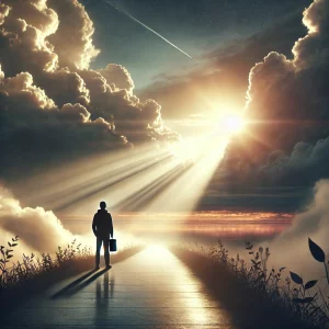 A person standing at the edge of a path, with light breaking through the clouds in the distance,