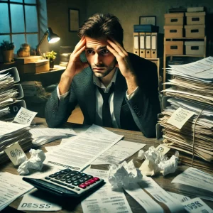 A self-employed accountant sitting at a cluttered desk, looking stressed while surrounded by paperwork and deadlines,