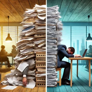 A split image-one side showing an overworked employee buried under papers, the other side showing a calm, balanced work environment