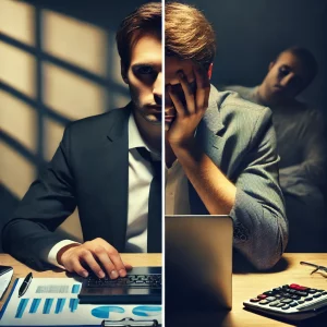 A split-image showing an accountant at work on one side, appearing professional and focused, while on the other side, the same person looks exhausted or lost,