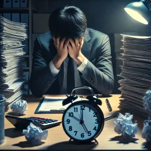 A stressed office worker sitting at a desk with their head in their hands