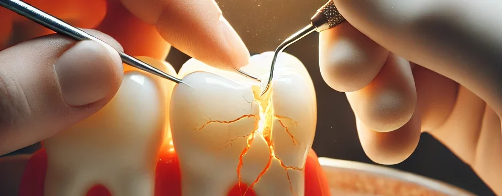 A close-up of a dentist restoring a cracked tooth with dental tools, working carefully on the remaining strong base.