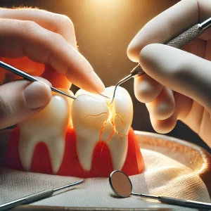 A close-up of a dentist restoring a cracked tooth with dental tools, working carefully on the remaining strong base.