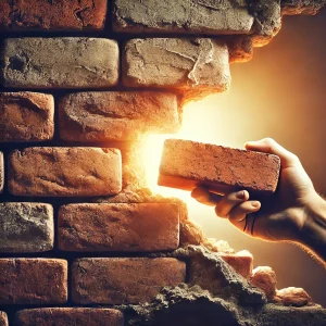 A close-up of a weathered brick wall with fresh, clean bricks being laid on top.