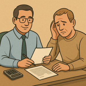 A confident accountant at a desk, helping a concerned client with paperwork.