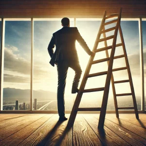 A person standing partway up a ladder, not at the base, symbolizing progress already made.